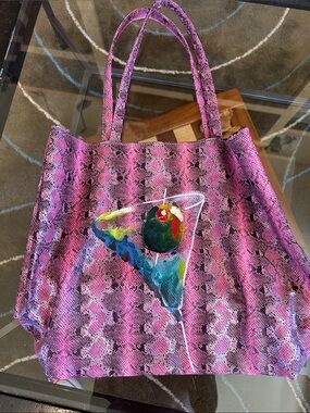 Saks Fifth Avenue Pink Snake-Print Tote with Martini Motif